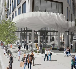 Rendering of the tower from the street. Rendering created by Solomon Cordwell Buenz.