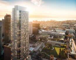 Four Seasons Private Residences at 706 Mission exterior at sunrise, Rendering of the Grand Penthouse, image courtesy 706 Mission Street Co, LLC | Steelblue