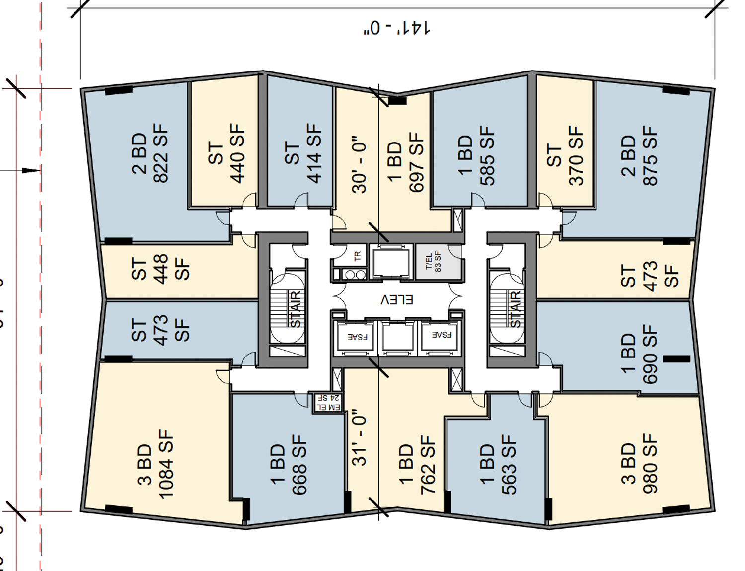 Floorplan typical between 14 and 47 at 30 Van Ness Avenue, drawing by Solomon Cordwell Buenz