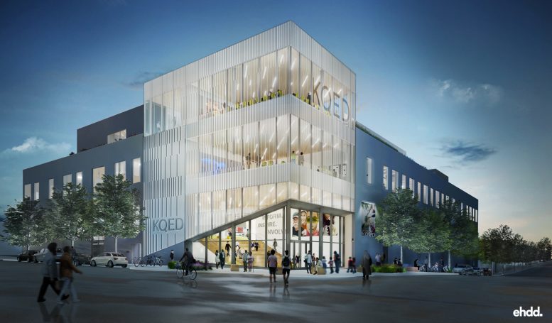 Exterior view of the KQED headquarters at Mariposa and Bryant Streets in San Francisco. Community, transparency, collaboration and innovation are at the heart of EHDD’s design. Rendering courtesy of EHDD Architects