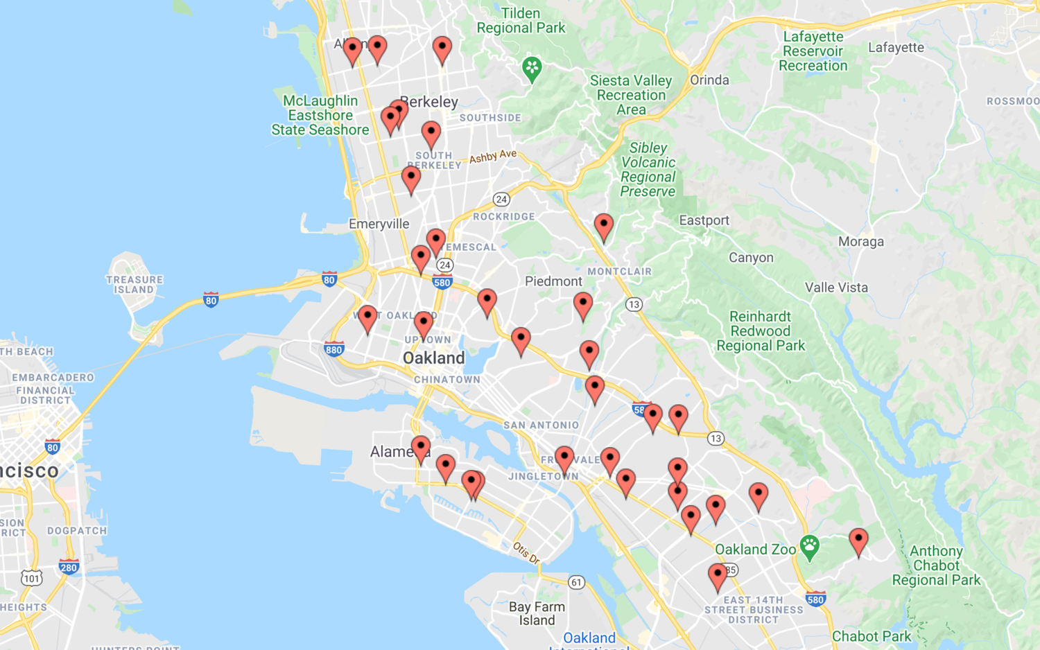 Permits covered in this article in Alameda, Berkeley, and Oakland, image created by Easy Map Maker