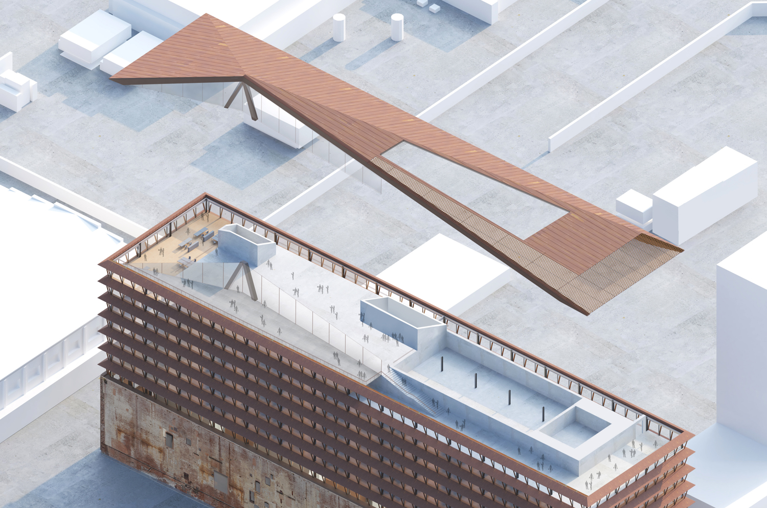 Station A rooftop terrace with shading, design by Adamson Associates and Herzog & de Meuron