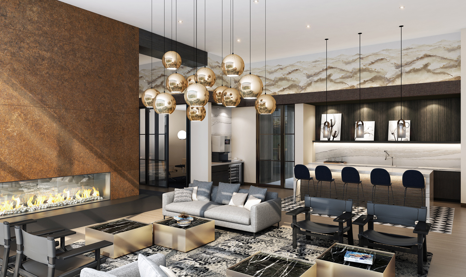 The Asher interior lounge, rendering via Carmel Partners
