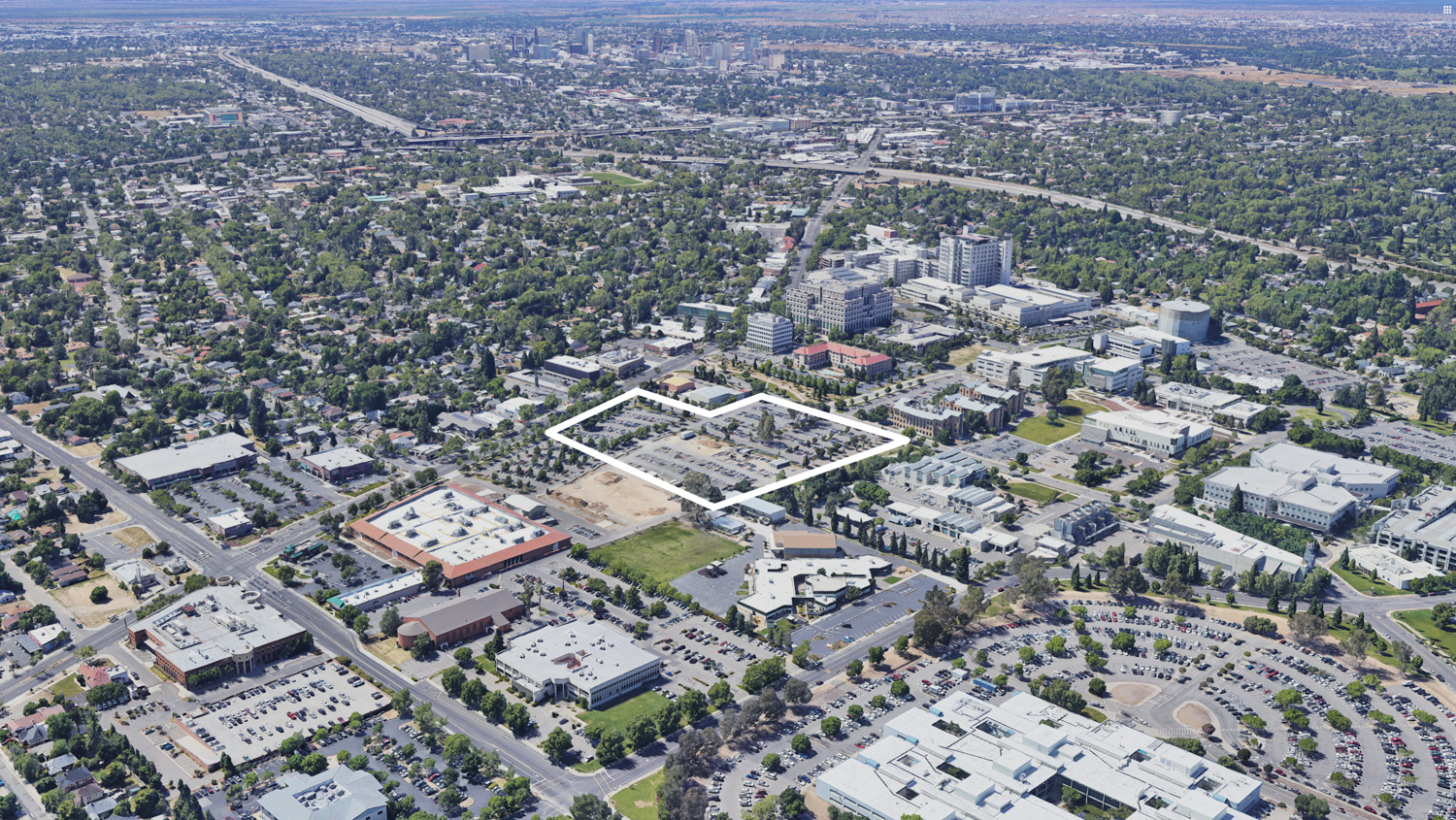 Aggie Square Phase 1 land in its current condition, image via Google Satellite with outline by SF YIMBY