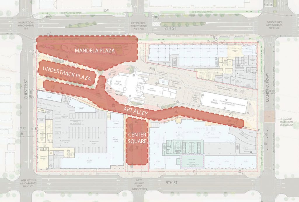 Parks within the Mandela Station development at 1451 7th Street, including Mandela Plaza, Undertrack Plaza, Art Alley, and Center Square, drawing courtesy JRDV Architects