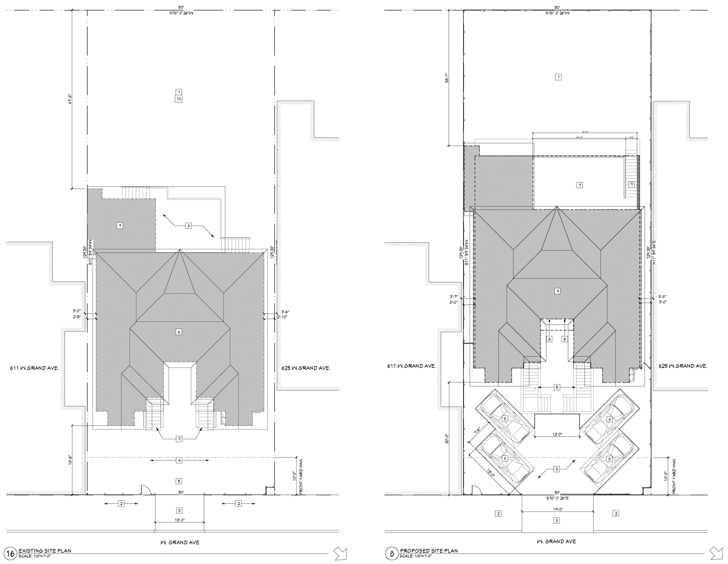 The multi-family dwevelopment site plan at 619-621 West Grand Avenue, drawing by the Architect Office