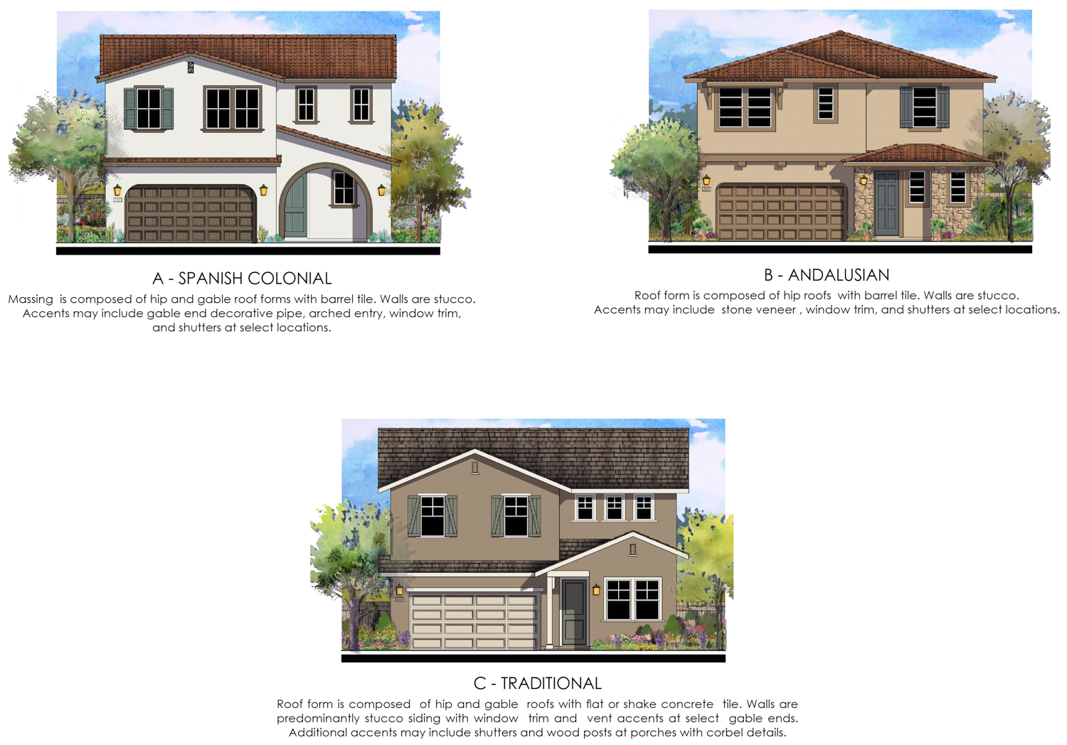 Three architectural styles from the Lakelet portion of Northlake, design by Kevin L Cook Architect Inc
