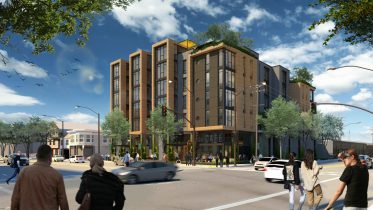 3000 San Pablo Avenue full building from street view across Ashby and San Pablo, rendering by Trachtenberg Architects