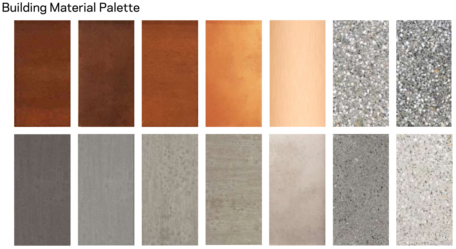 725 Harrison Street building material palette, with various grey, brown, and brass tones, design by HOK Architects
