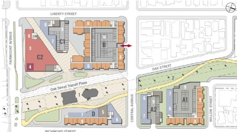 El Cerrito Plaza Station development plane option 1, drawing courtesy BART