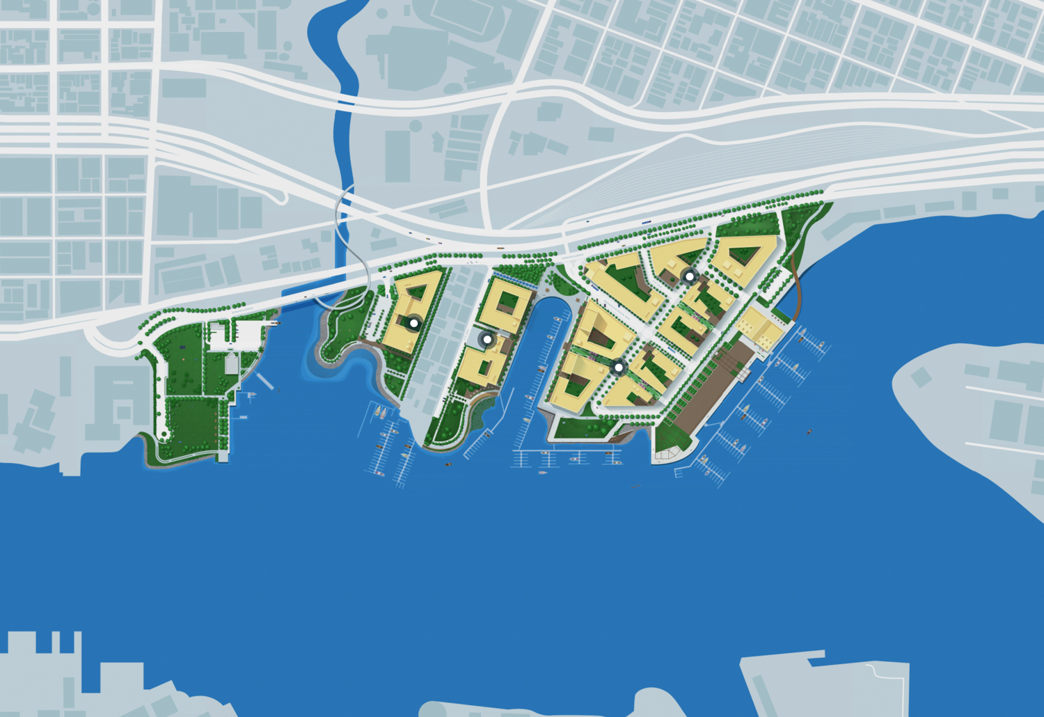 The Brooklyn Basin development map, which the dots indicating phases 1 at far right through 4 on the far left map, image courtesy Brooklyn Basin website