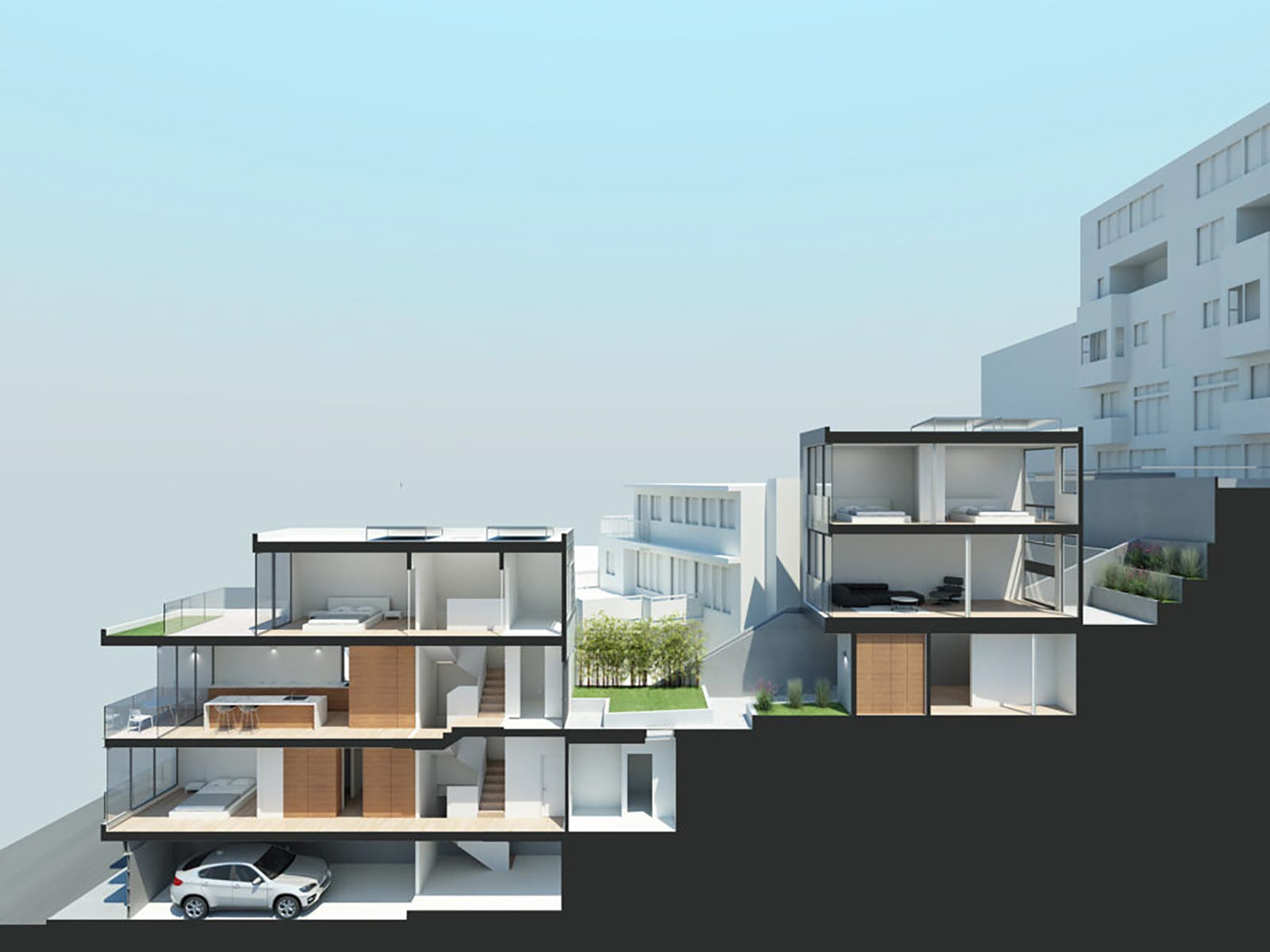 150-162 Grand View Avenue cross-section, design by Zack de Vito Architect