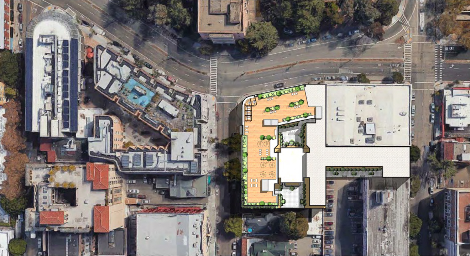 2176 and 2150 Kittredge Street floorplan at street, rendering design by Kava Massih Architects