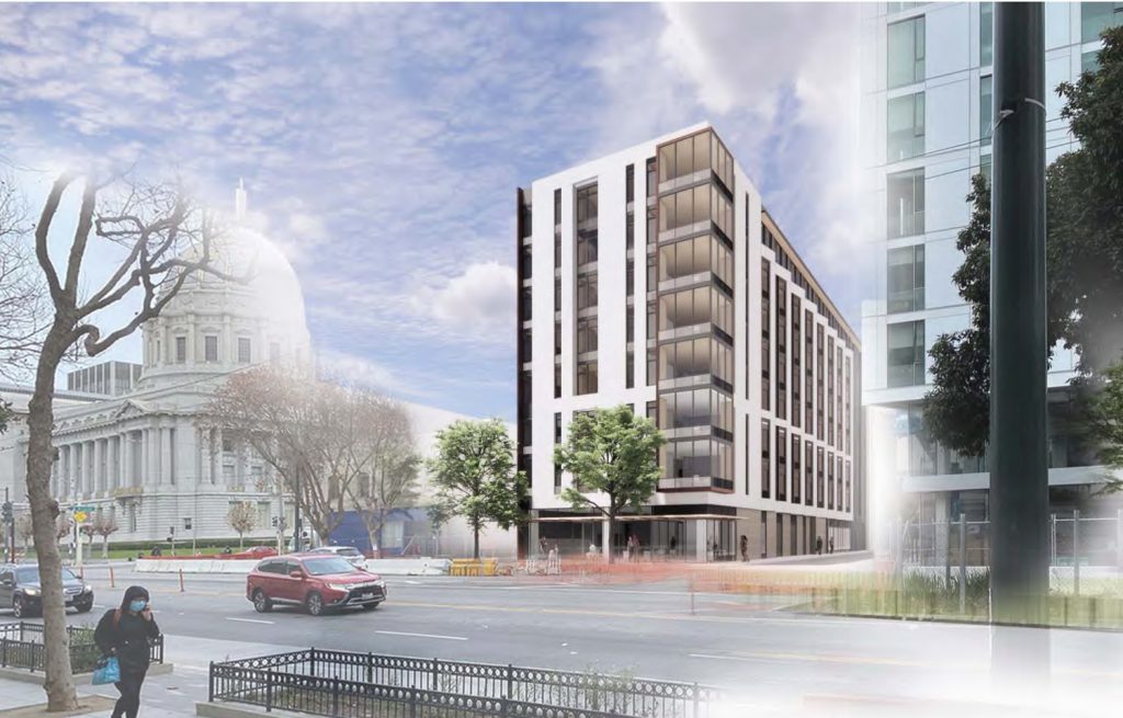 Renderings For The Kelsey Civic Center At 240 Van Ness Avenue Civic   240 Van Ness Avenue With City Hall To The Left Rendering By WRNS Studios 1024x655 