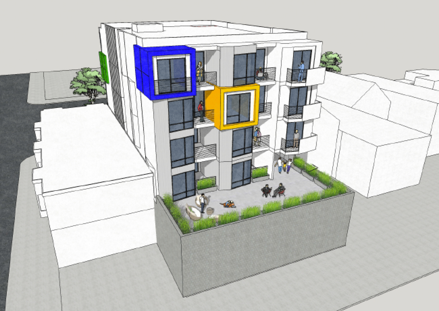 4110-4116 Geary Boulevard back courtyard, rendering by Derrick T. Wu Architect