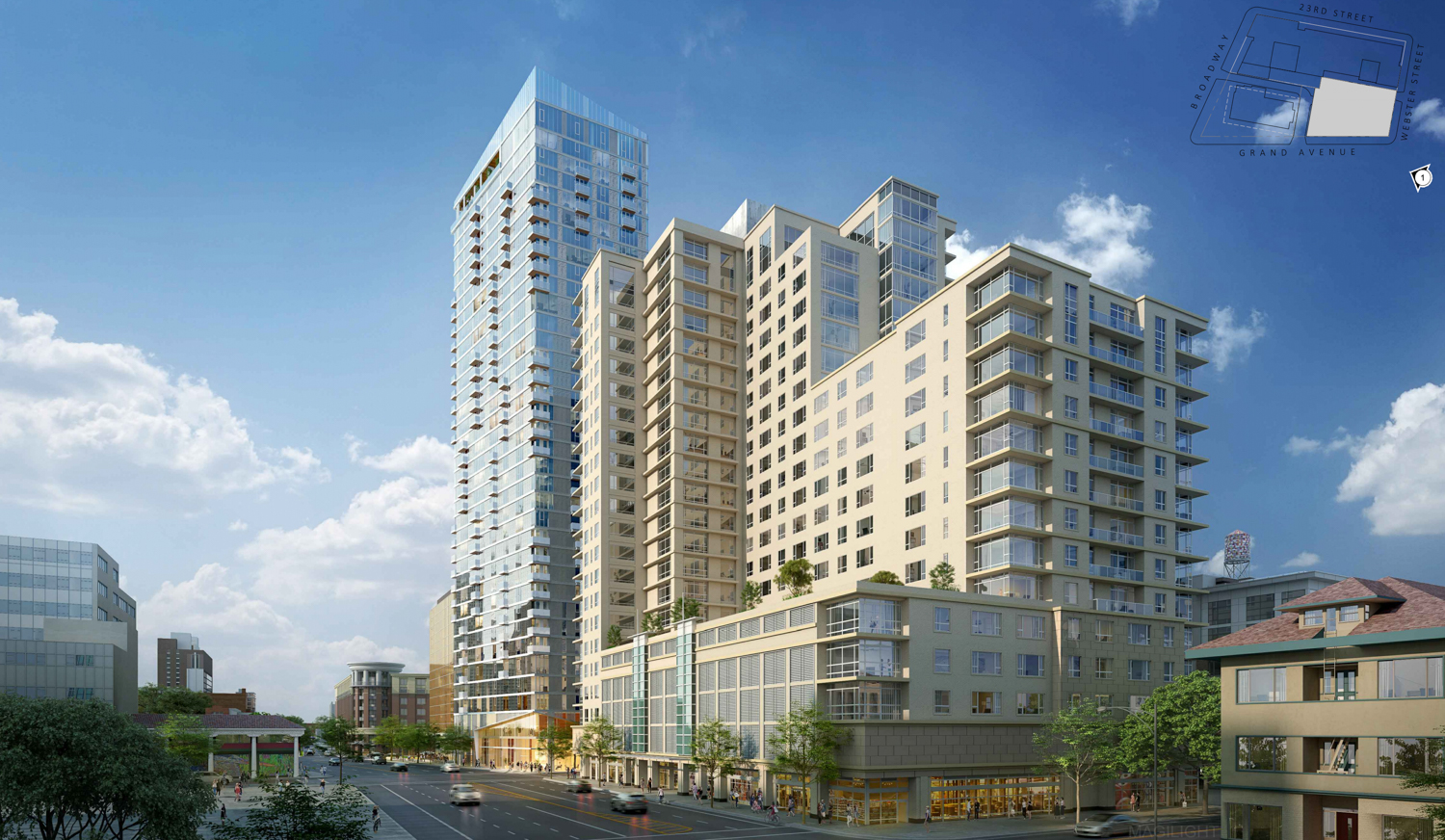 88 Grand Avenue viewed beside neighboring 100 Grand Avenue building, rendering by KTGY Architecture and Planning