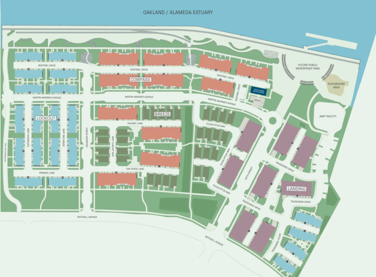 Alameda Landing Bay 37 development map, with LOOKOUT on the far left of the image, map courtesy Pulte Homes