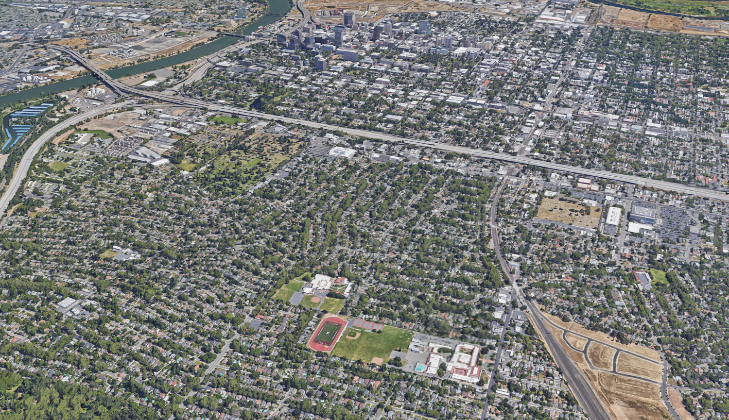 The Land Park neighborhood, a single-family zoned neighborhood separated from Downtown Sacramento by a wide-laned freeway specifically mentioned by the city Mayor, image via Google Street View