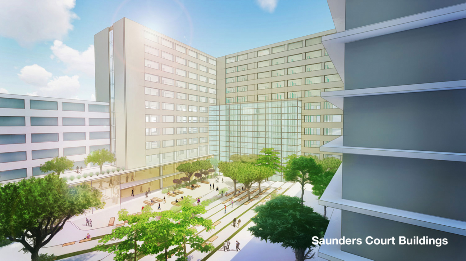 UCSF Parnassus Heights campus new hospital overlooking Saunders Court, design concept from previous iteration, rendering by UCSF via Perkins Eastman