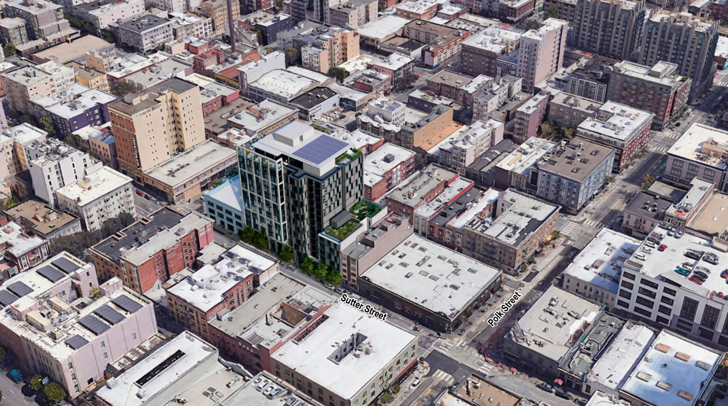 1101 Sutter Street aerial view, rendering by David Baker Architects