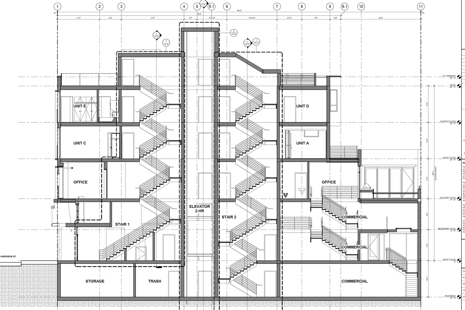 2455 Harrison Street vertical section from east to west, elevation by Kerman Morris Architects