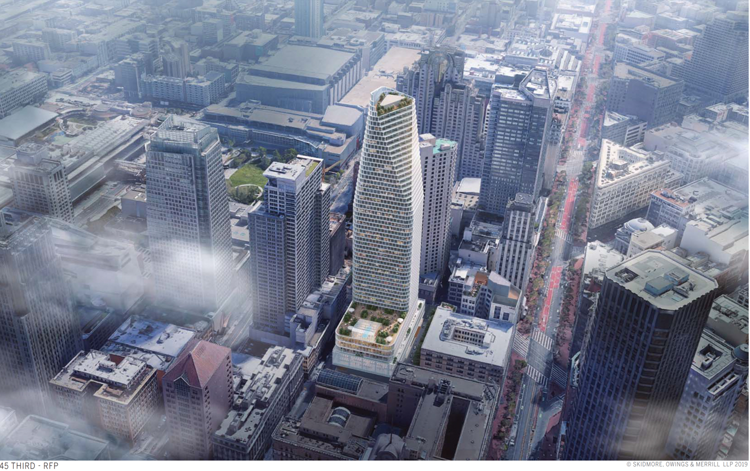 45-53 Third Street aerial view, rendering by SOM