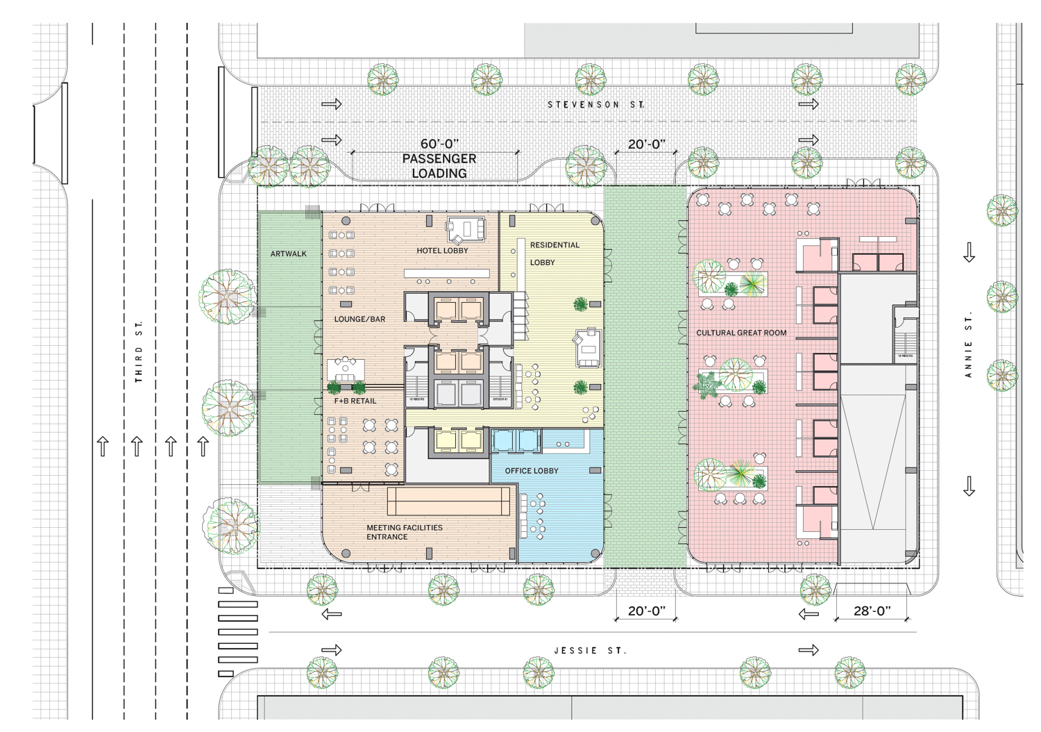 45-53 Third Street ground level floor plan, elevation by SOM