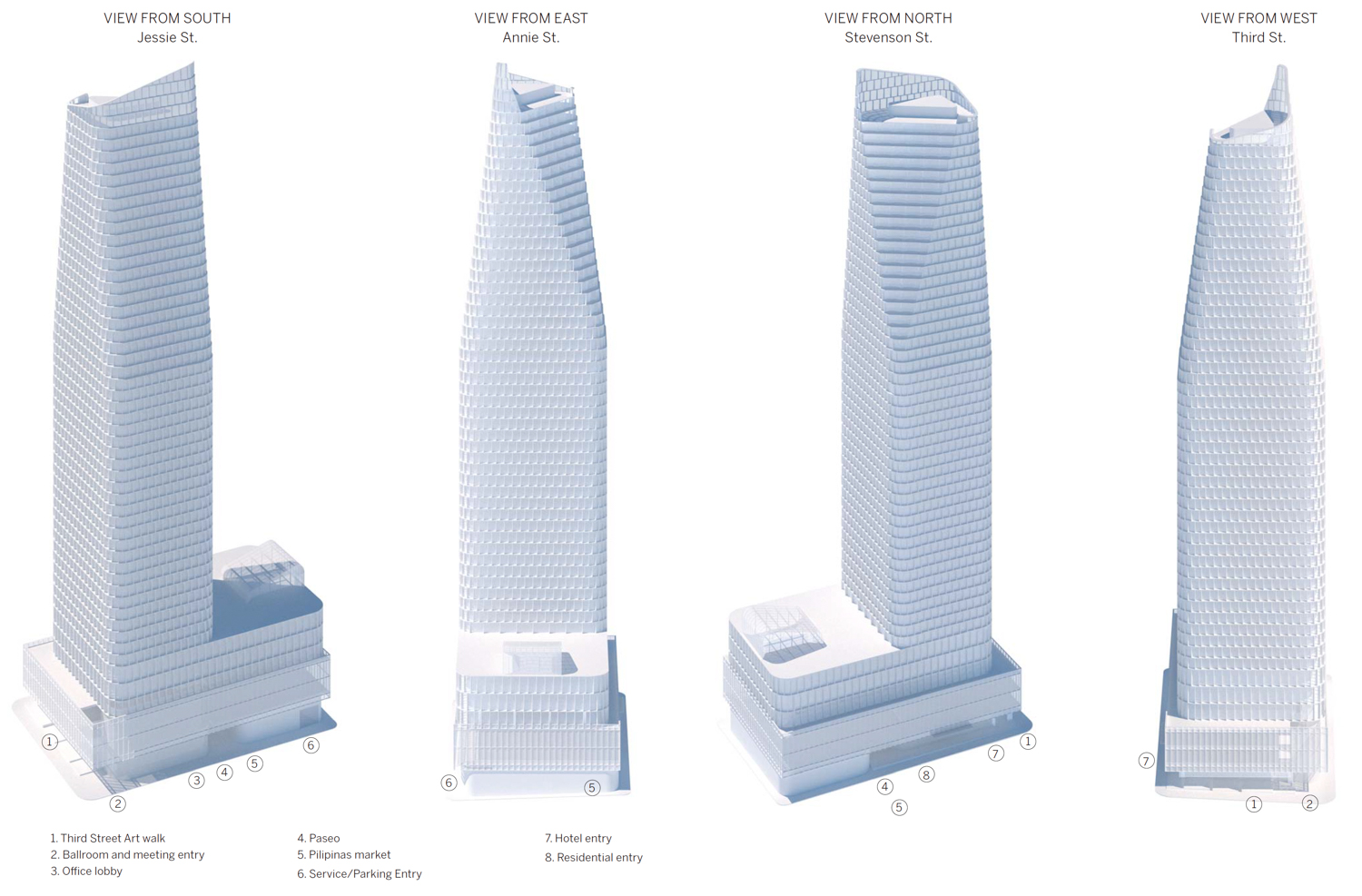 45-53 Third Street proposed massing from four angles, elevation by SOM