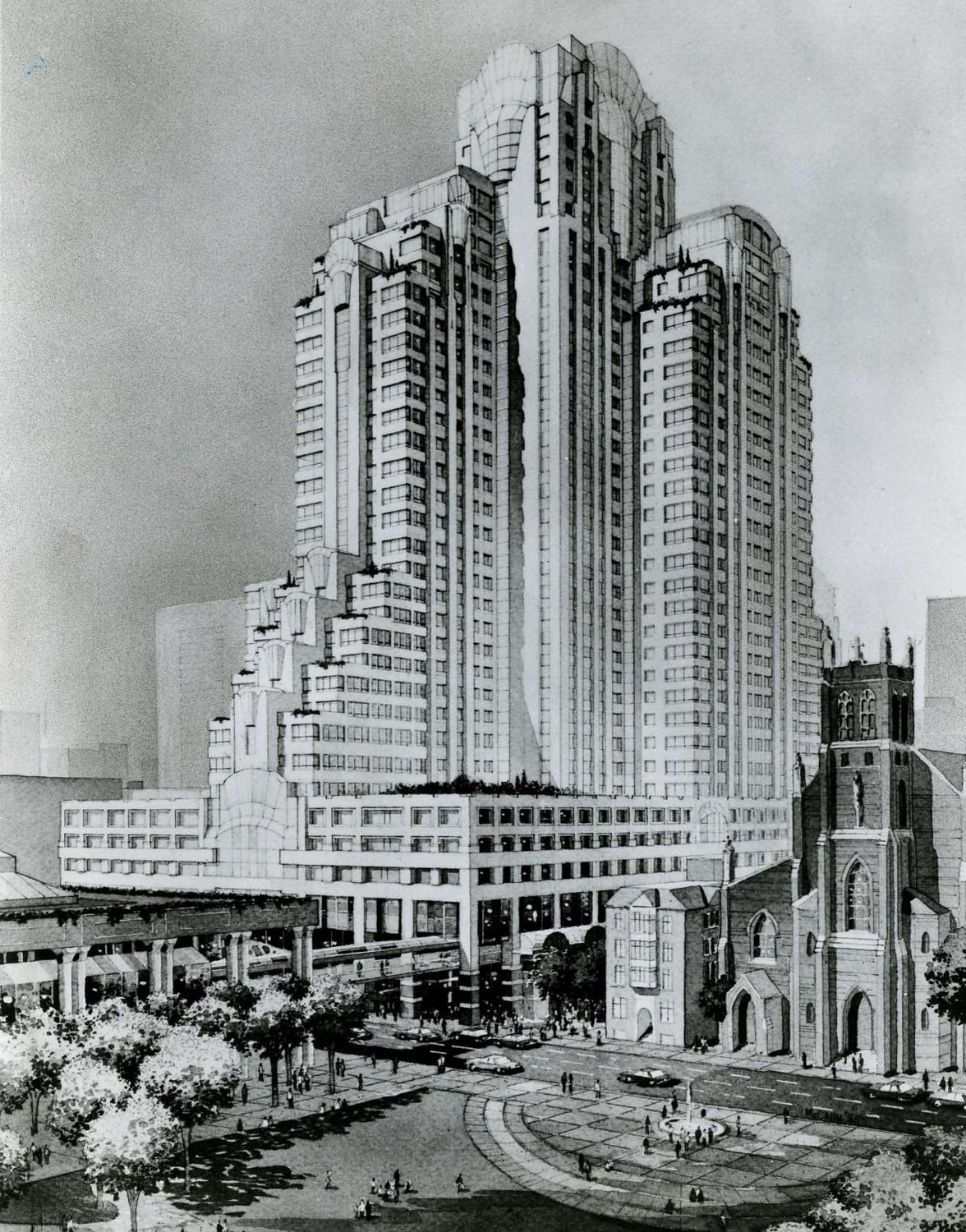 Artist conception of the Marriott Marquis at 55 Fourth Street from 1985, image via the San Francisco Chronicle