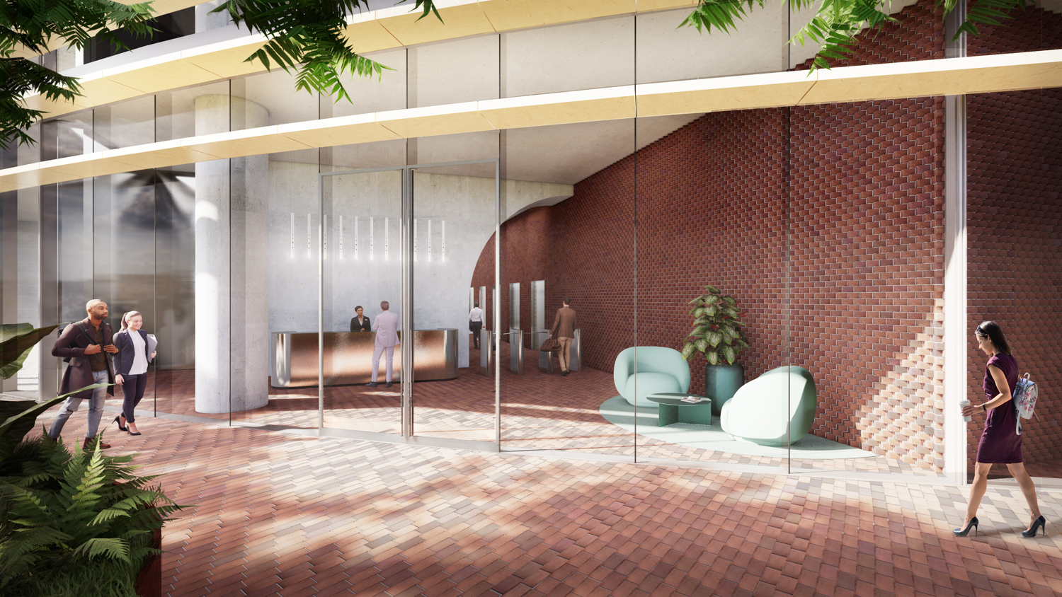 Exterior view of office lobby of the Energy Hub at 35 South 2nd Street, rendering by Bjarke Ingels Group and Westbank