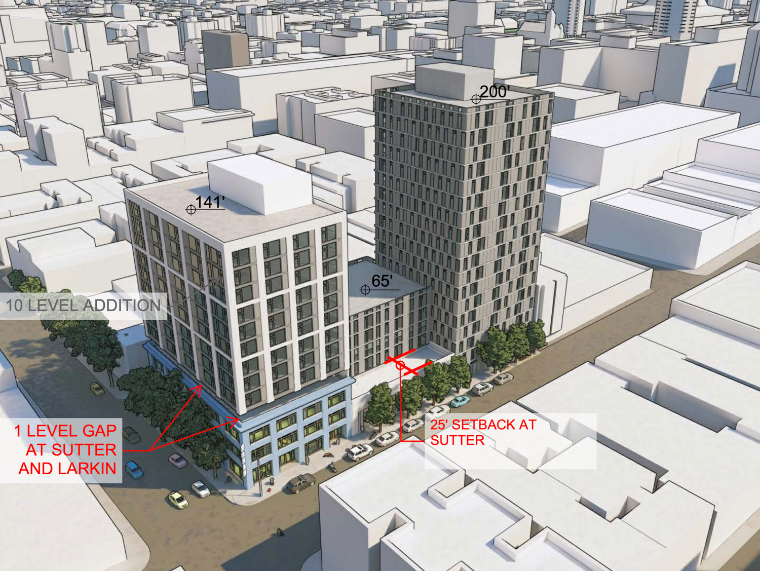 Partial preservation alternative under Scheme 2B for 1101 Sutter Street aerial view, rendering by David Baker Architects
