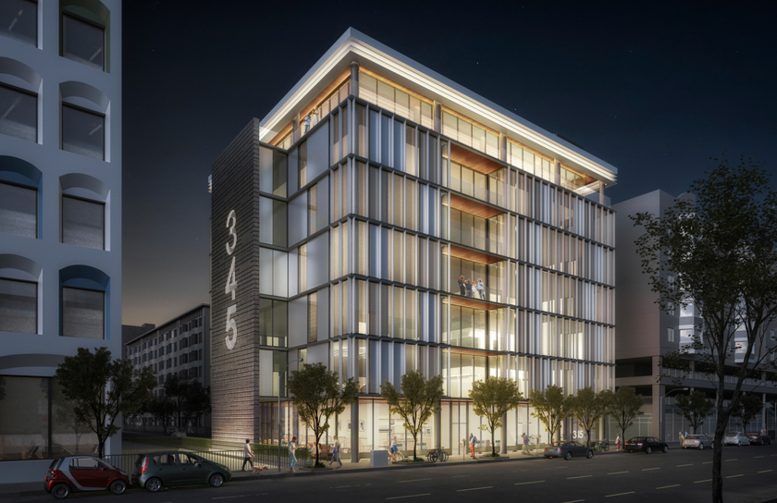 345 4th Street at night, rendering by Stanton Architecture