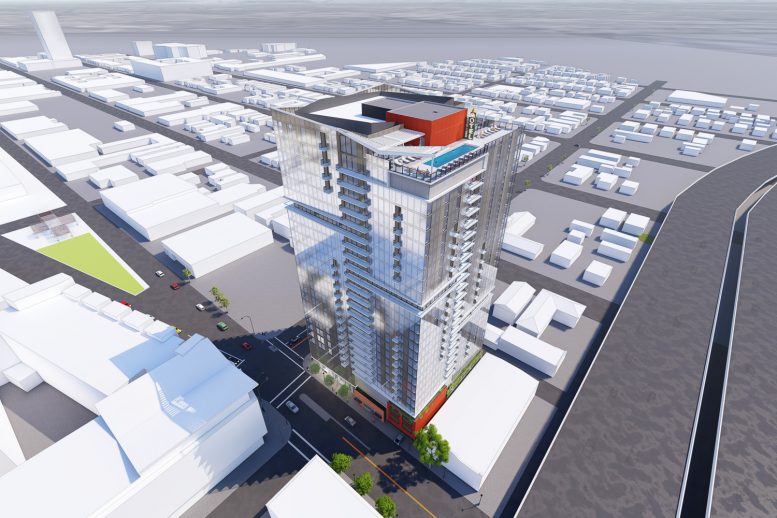 600 South 1st Street Garden Gate tower aerial view, rendering by C2K Architecture