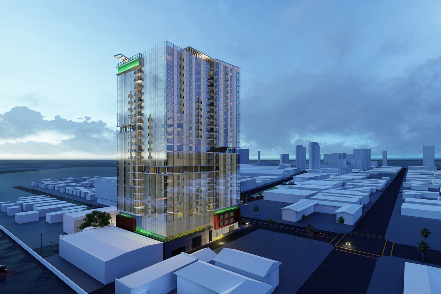 600 South 1st Street Garden Gate tower viewed from above the adjacent freeway, rendering by C2K Architecture
