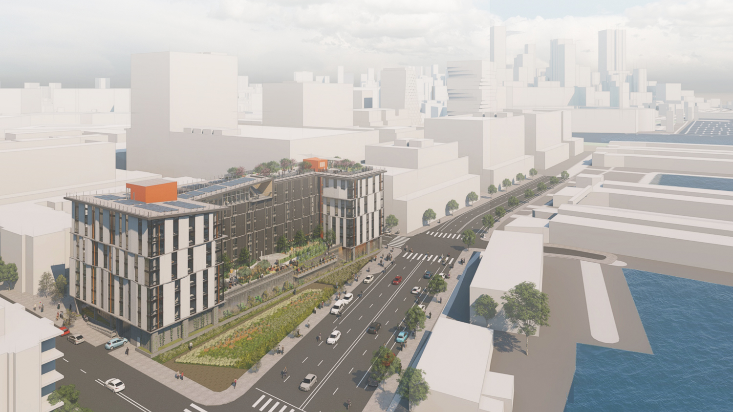 Block 9A design at 400 China Basin Street southeast aerial view, rendering by Mithun