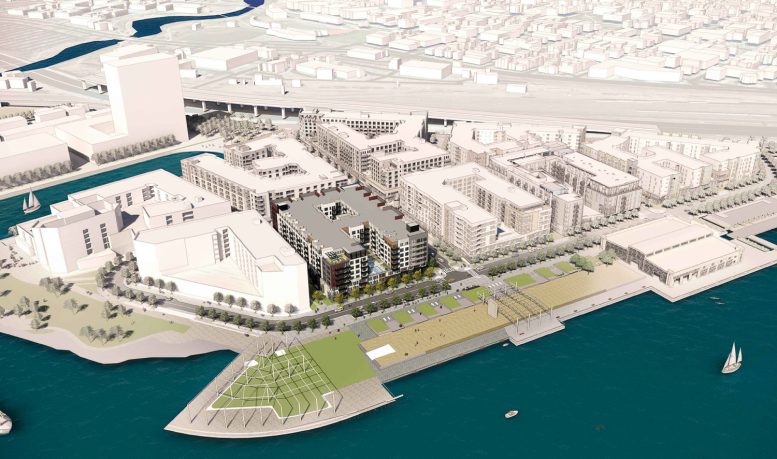 Brooklyn Basin Parcel D aerial view, rendering of design by Architecture Design Collaborative