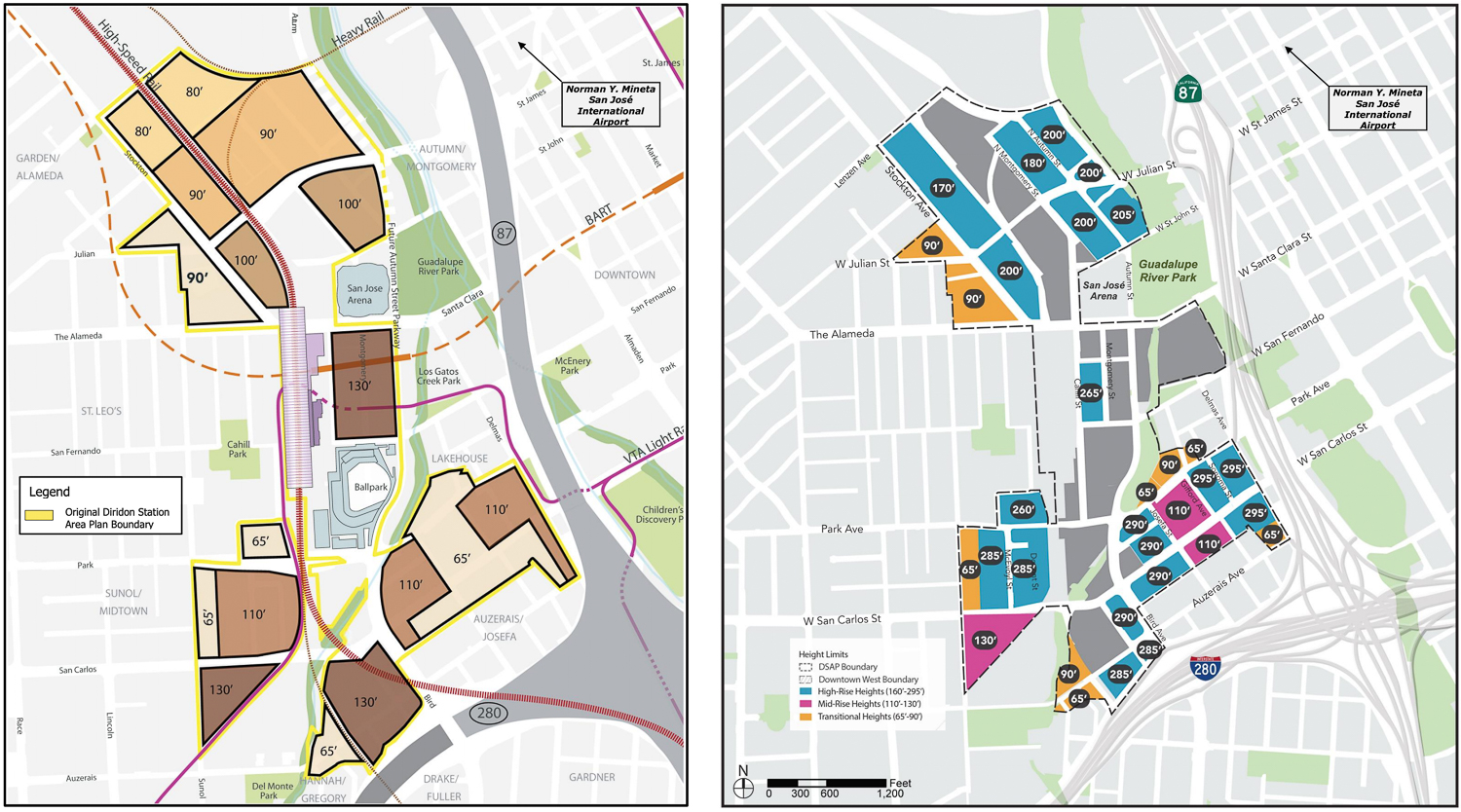 Diridon Station original (left) and proposed (right) height limits, Google's Downtown West land is highlighted in grey, illustration from City of San Jose
