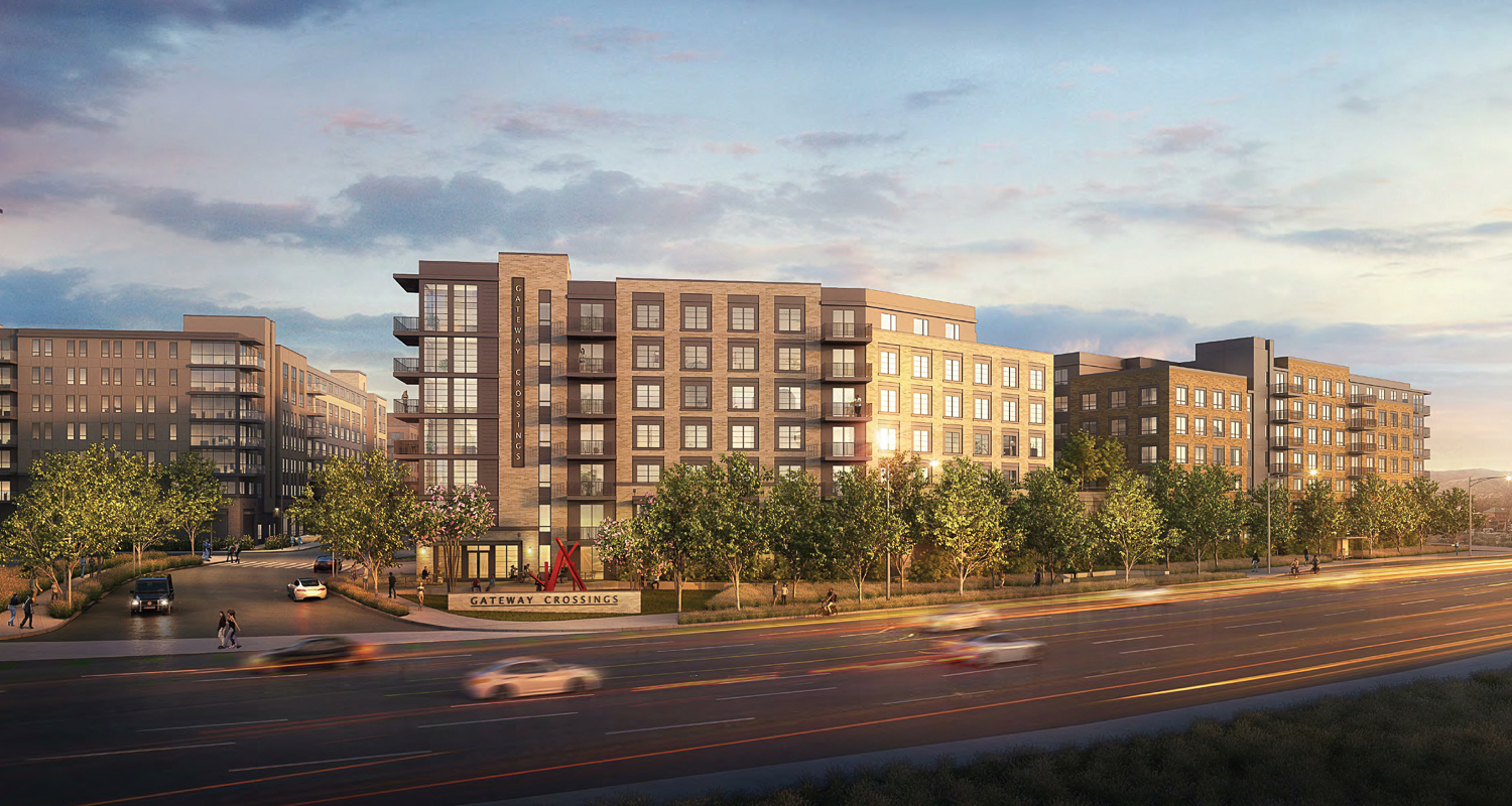 Gateway Crossings phase one Building One exterior view, rendering by MVE and Partners