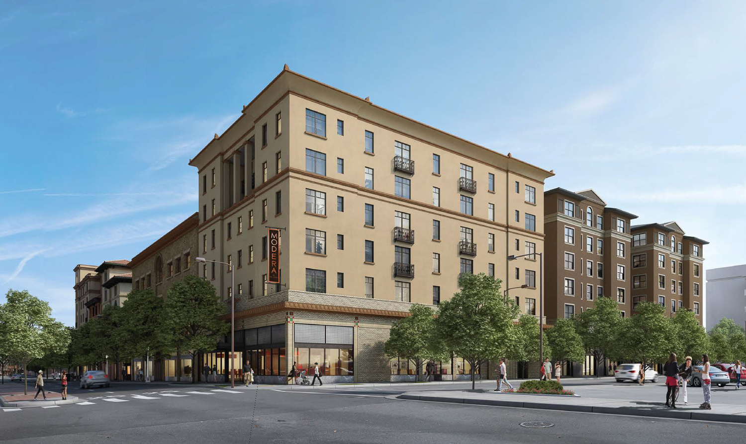 The Ace Building with the Walnut Building to the right, within the Modera Acheson Commons, rendering by Sky Design