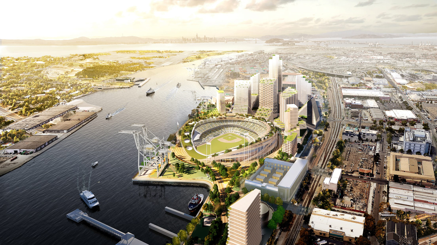 Howard Terminal with the San Francisco skyline on the horizon, rendering by BKF Engineers