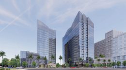 Woz Way Tower viewed from the west from Almaden Boulevard, rendering by C2K Architecture