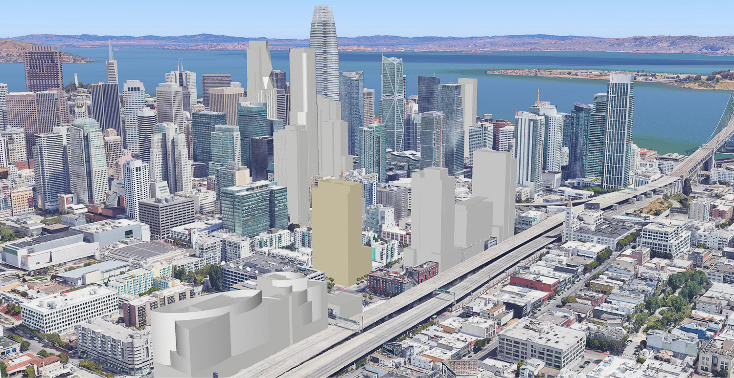 395 3rd Street dwarfed by the San Francisco Skyline, rendering by Solomon Cordwell Buenz