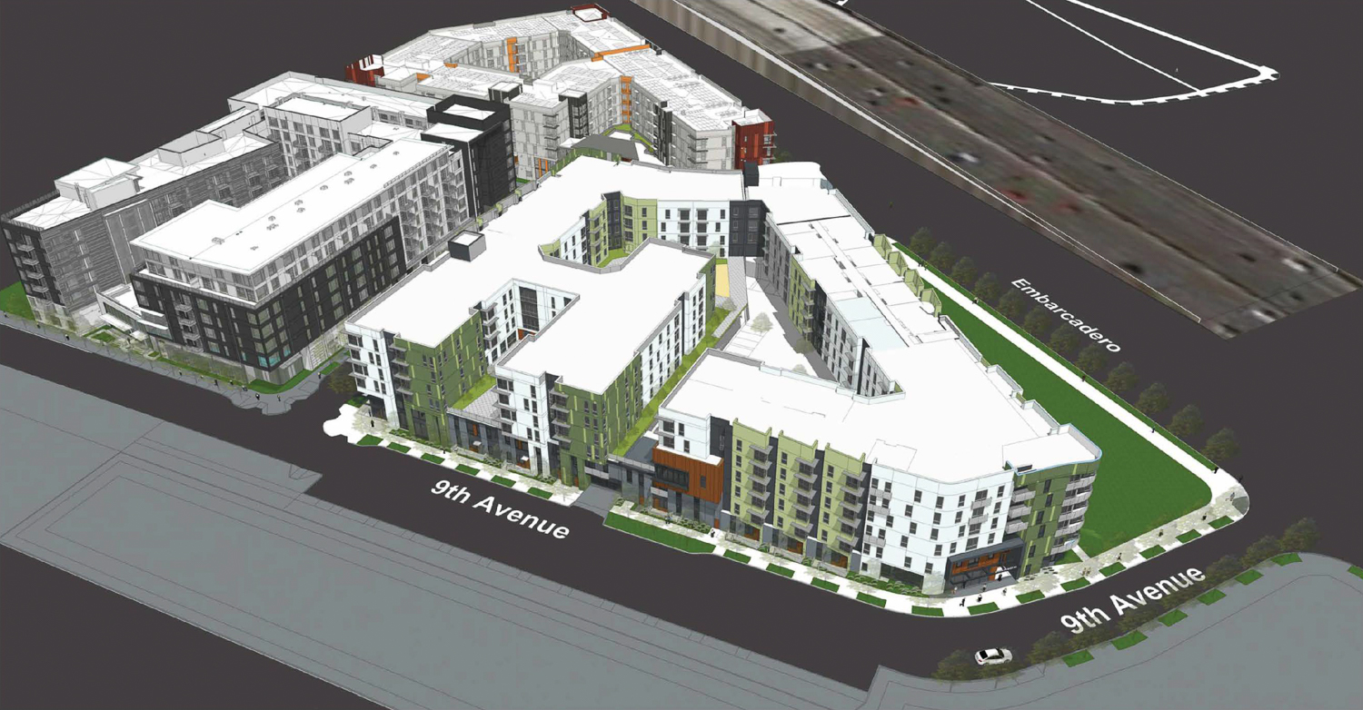 Aerial view of Parcel A (center), rendering of design by HKIT Architects