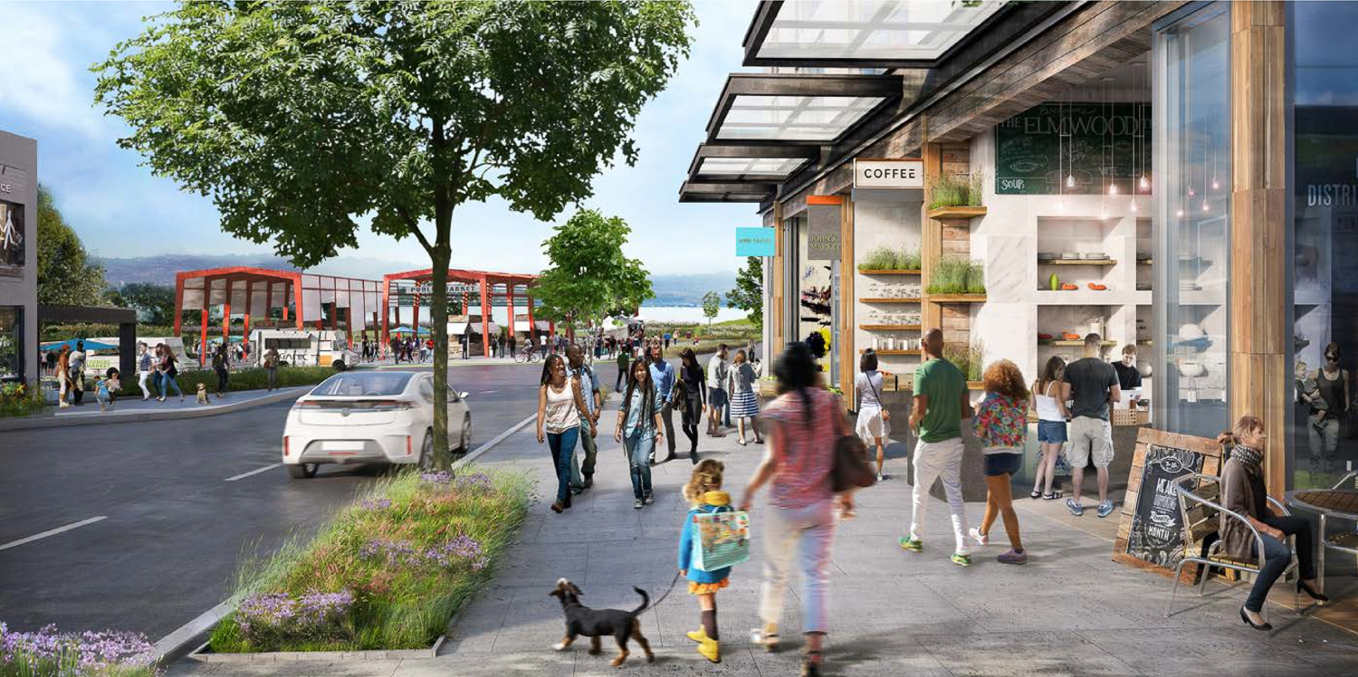 India Basin retail with public market structures in the background, rendering by Steelblue