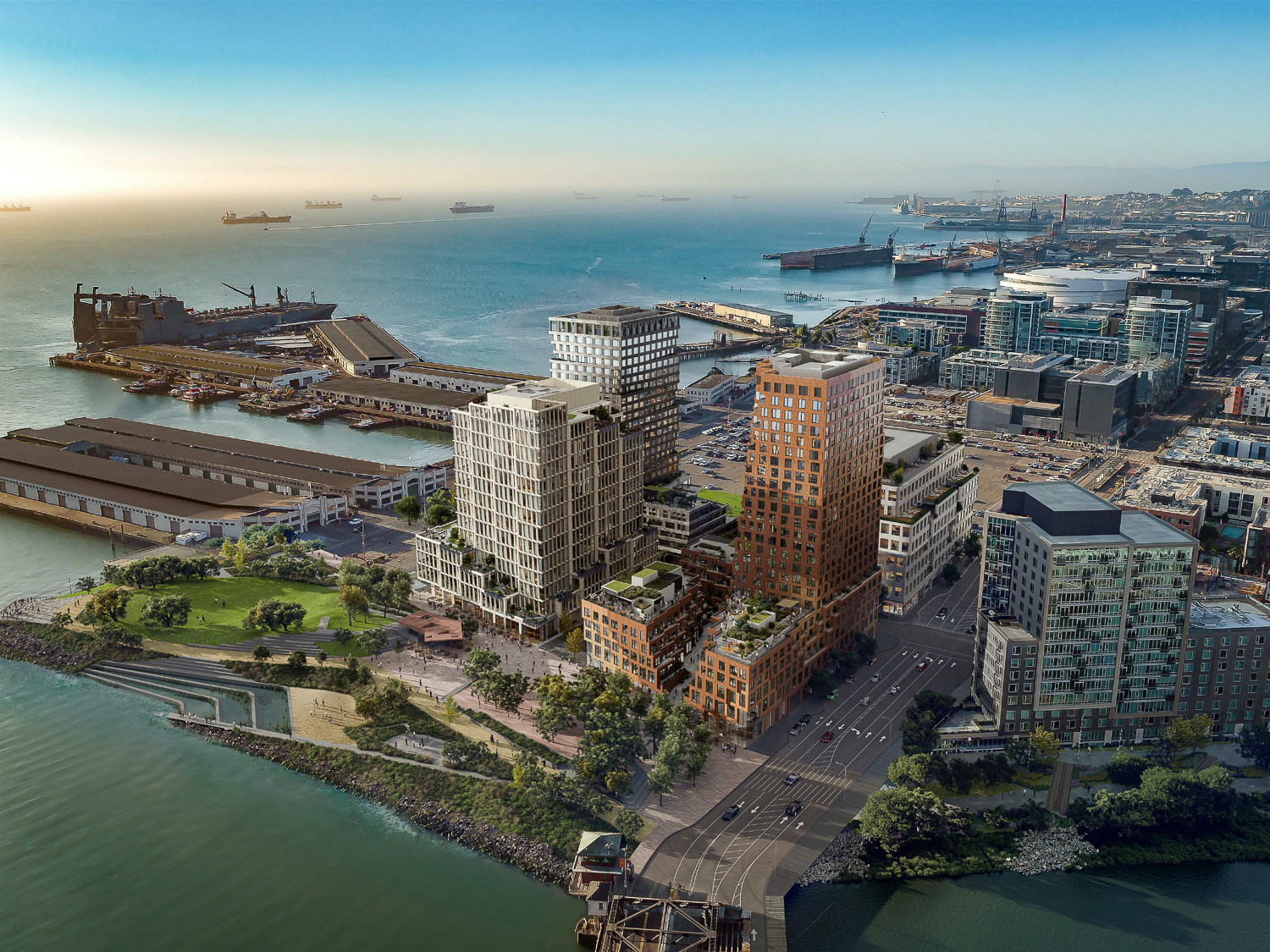 Mission Rock site north-west bird's eye view, image courtesy Mission Rock Partners, rendering by Binyan Studios