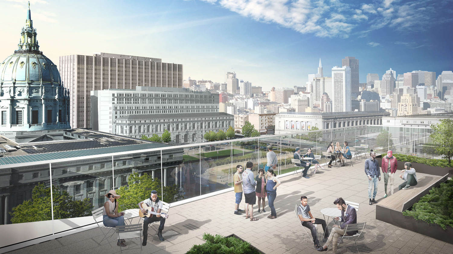 The Bowes Center at 200 Van Ness Avenue rooftop balcony, rendering by Mark Cavagnero Associates