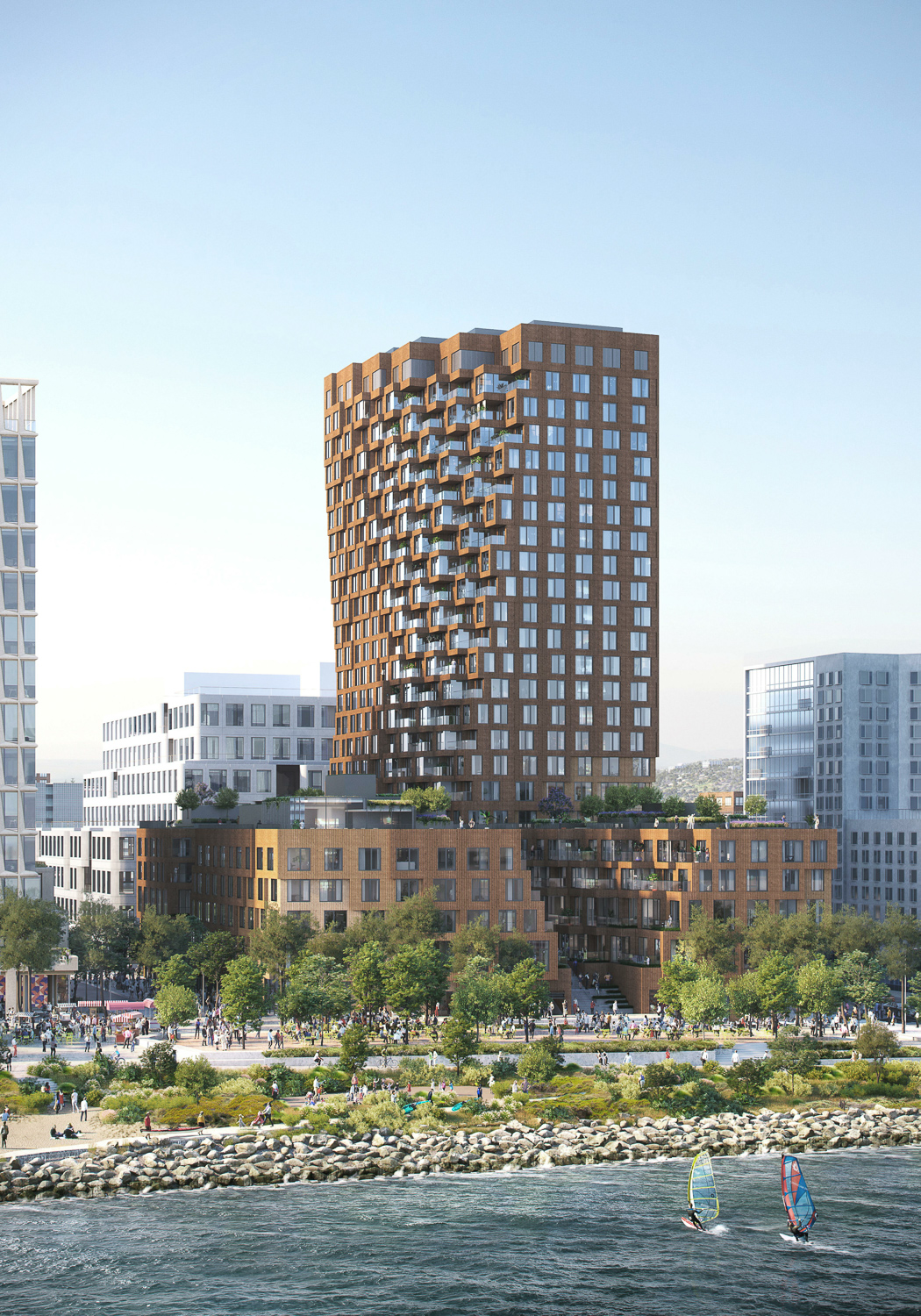 The Canyon at Parcel A viewed from the Bay, design by MVRDV, rendering by pixelflakes