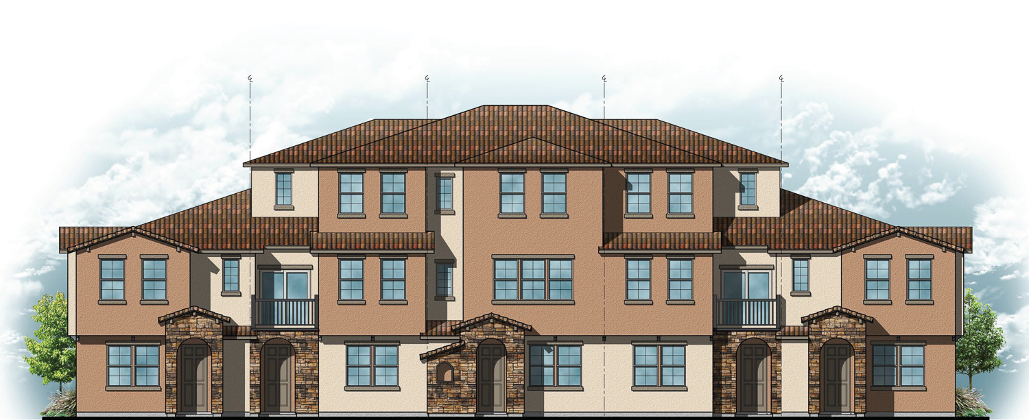 Tuscan Elevation six-plex front (top) and (rear) view, design by BSB Design