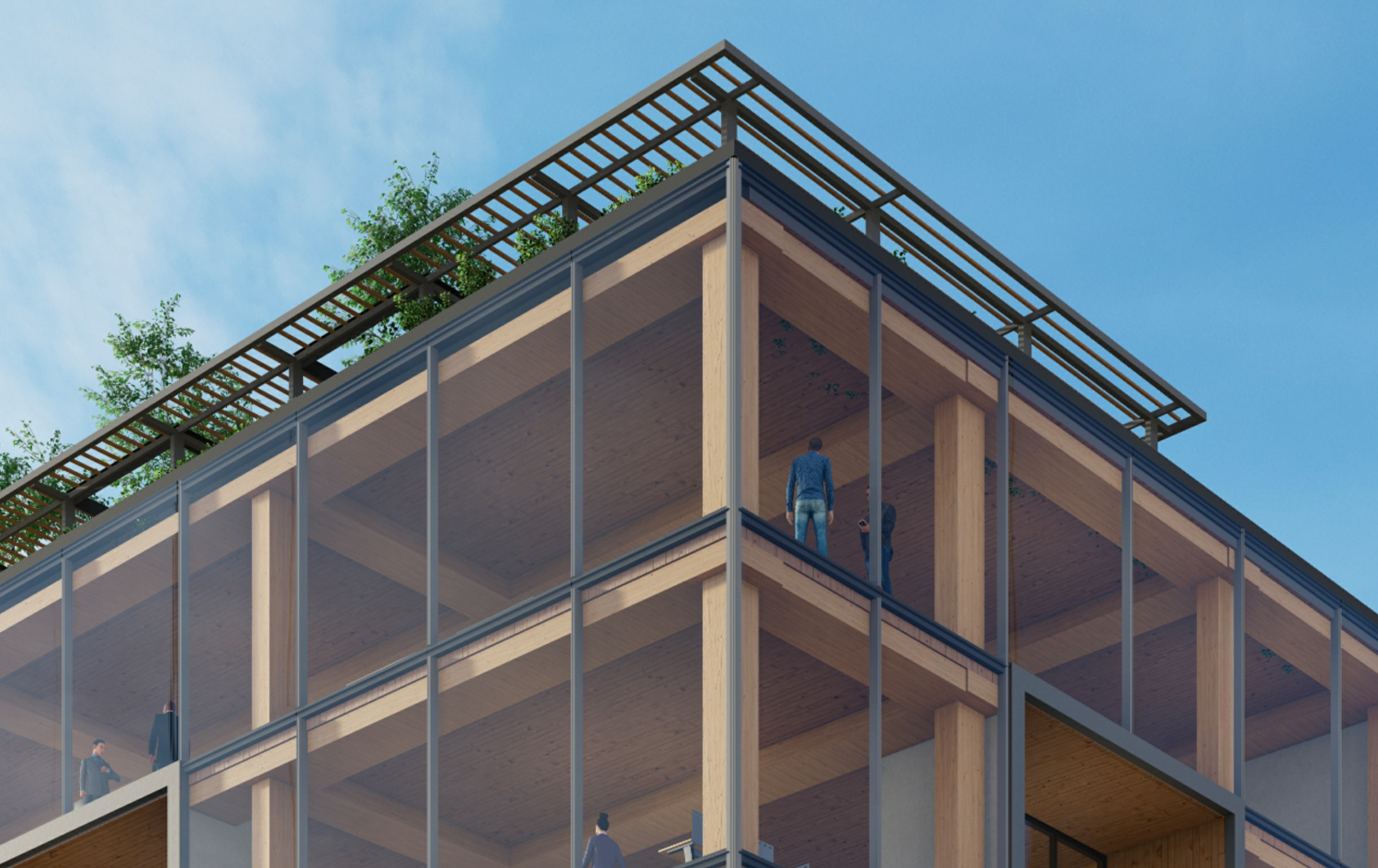 17 South Fourth Street closeup view of cross-laminated timber structure, rendering courtesy Bayview Development Group