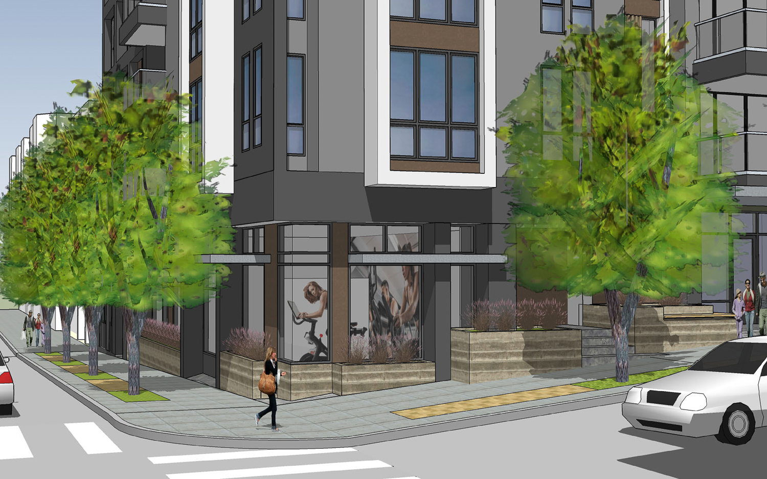 2800 Geary Boulevard sidewalk view at the southeast corner, rendering via ELEVATIONarchitects